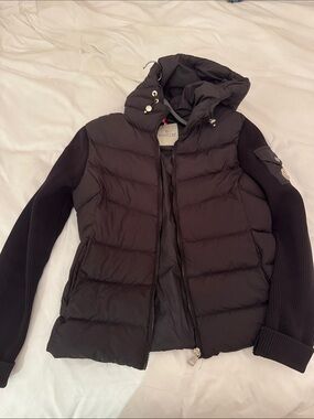 Moncler Black Quilted Down Jacket with Knit Sleeves